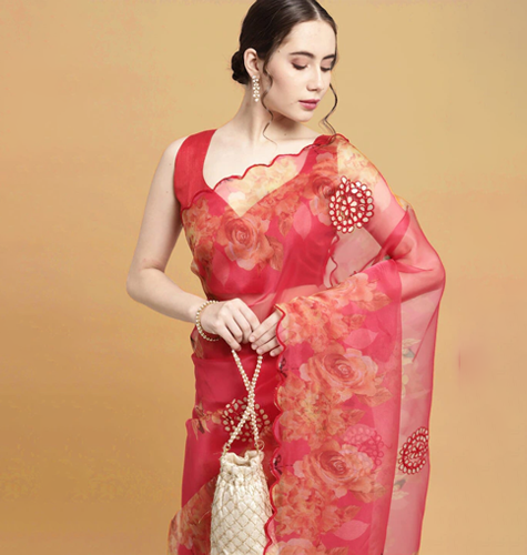 Pink & Beige Floral Embroidered Organza Saree
